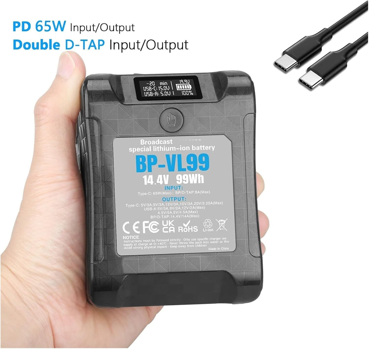 V-Lock Lithium Battery：For BP-VL99 14.4V 99Wh V Mount Battery W LCD Display V Lock V Shape Li-ion Battery For Video & DSLR Cameras