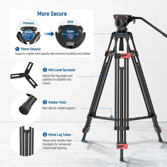 Neewer BASICS TP37 74"/187cm Aluminium Video Tripod with Fluid Head