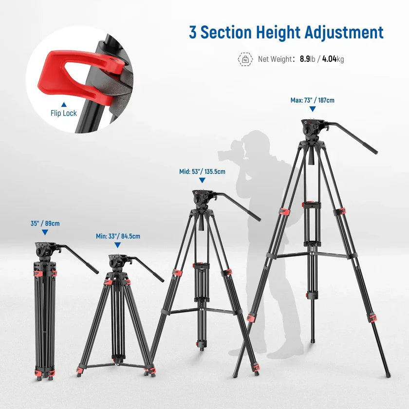 Neewer BASICS TP37 74"/187cm Aluminium Video Tripod with Fluid Head